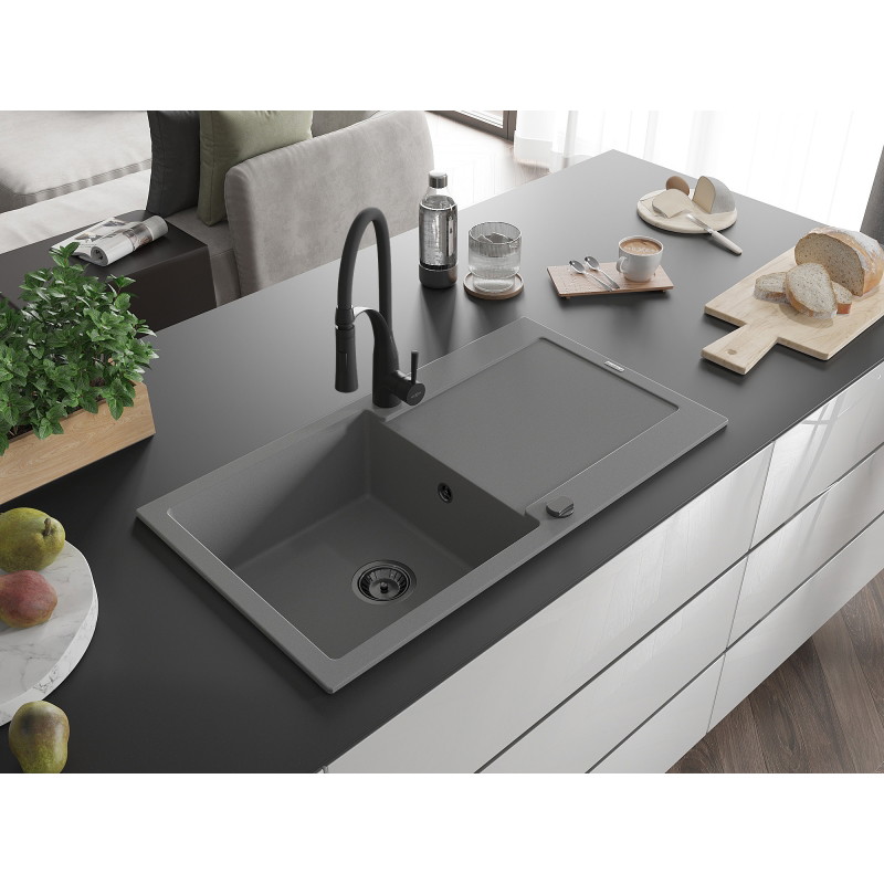 Mexen Leo évier en granit 1 bac avec égouttoir et robinet de cuisine Aster, gris - 6501-71-73450-70-B