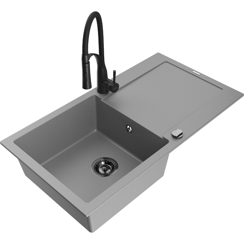 Mexen Leo fregadero de granito de 1 cubeta con escurridor y grifo de cocina Aster, gris - 6501-71-73450-70-B