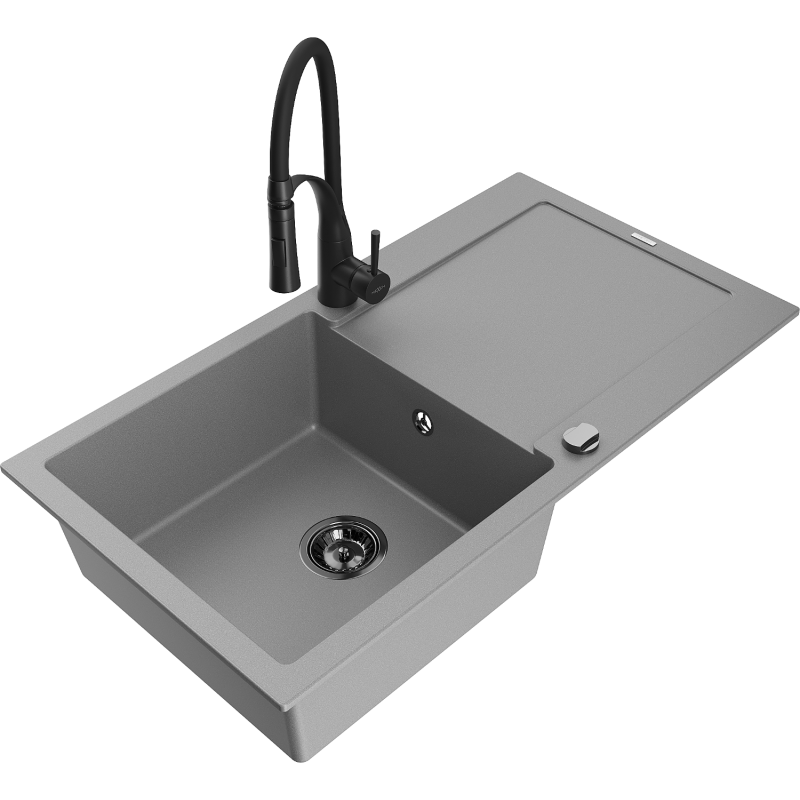 Mexen Leo lavello in granito 1-vasca con sgocciolatoio e rubinetto da cucina Aster, grigio - 6501-71-73450-70-B