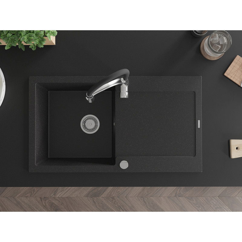 Mexen Leo granieten gootsteen met 1 bak en afdruiprek en keukenmengkraan Aster, zwart/zilveren metallic - 6501-73-73450-07