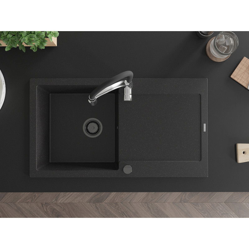 Mexen Leo Granitspüle 1-Becken mit Abtropffläche und Küchenarmatur Aster, schwarz/silber metallic - 501-73-73450-07-B