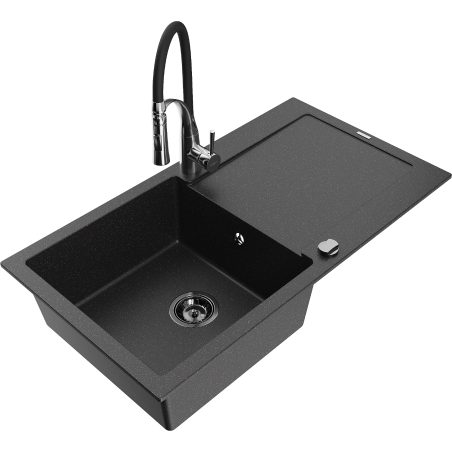 Mexen Leo 1-bowl granite sink with drainer and Aster kitchen tap, black/silver metallic - 501-73-73450-07-B