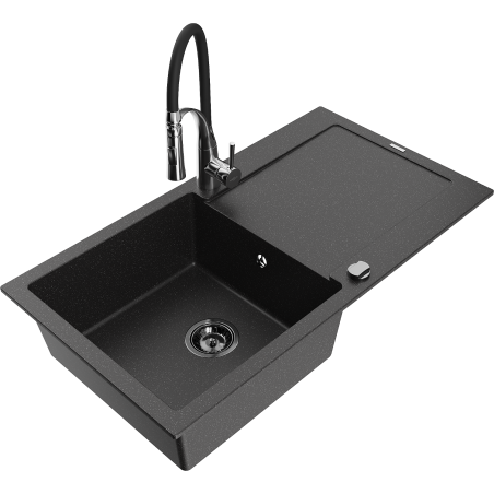 Mexen Leo lavello in granito a 1 vasca con scolatoio e rubinetteria cucina Aster, nero/metallo argentato - 501-73-73450-07-B