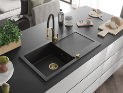 Mexen Leo granite sink with single bowl, drainer, and Aster kitchen tap, black/silver metallic - 6501-73-73450-57-G