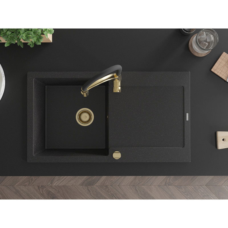 Mexen Leo granieten spoelbak 1-compartiment met afdruiprek en keukenkraan Aster, zwart/zilver metallic - 6501-73-73450-57-G