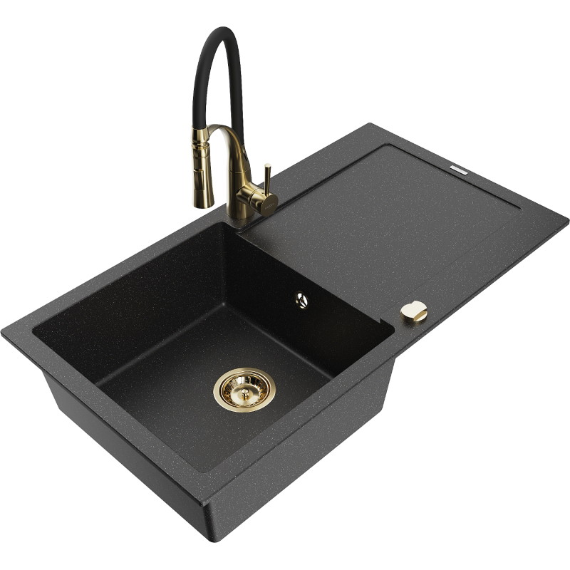 Mexen Leo granitenspoelbak 1-kompartiment met afdruiprek en keukenmengkraan Aster, zwart/zilver metallic - 6501-73-73450-57-G