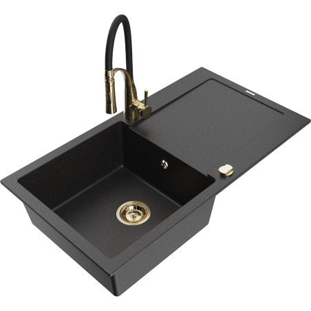 Mexen Leo granite sink with single bowl, drainer, and Aster kitchen tap, black/silver metallic - 6501-73-73450-57-G