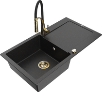 Mexen Leo granieten spoelbak 1-compartiment met afdruiprek en keukenkraan Aster, zwart/zilver metallic - 6501-73-73450-57-G