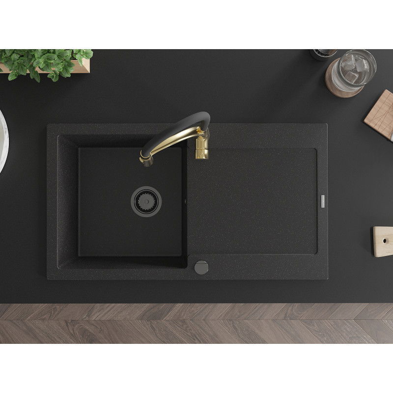 Mexen Leo granieten spoelbak 1-komors met afdruiprek en keukenmengkraan Aster, zwart/zilver metallic - 6501-73-73450-57-B