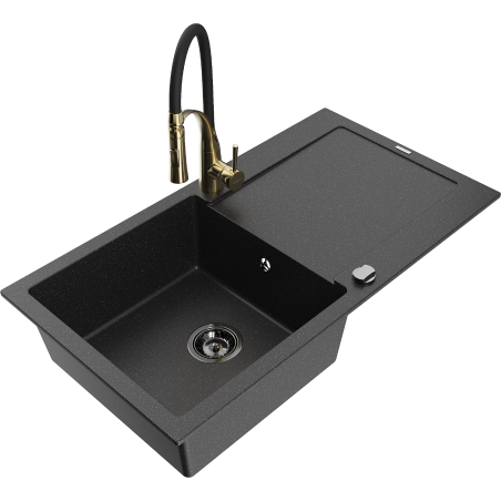 Mexen Leo fregadero de granito 1 cubeta con escurridor y grifo de cocina Aster, negro/plata metálica - 6501-73-73450-57-B