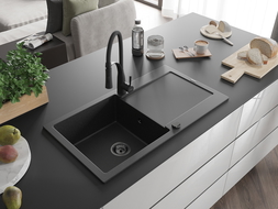 Mexen Leo granieten spoelbak 1-kamer met afdruiprek en keukenkraan Aster, zwart/zilver metallic - 6501-73-73450-70-B