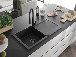 Mexen Leo Granitspüle 1-beckig mit Abtropffläche und Küchenarmatur Aster, Schwarz/Silber Metallic - 6501-73-73450-70-B