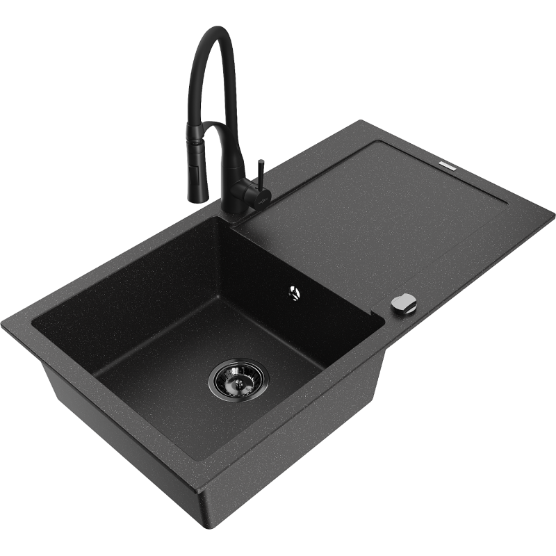 Mexen Leo fregadero de granito de 1 seno con escurridor y grifo de cocina Aster, negro/metálico plateado - 6501-73-73450-70-B
