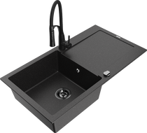 Mexen Leo Granitspüle 1-beckig mit Abtropffläche und Küchenarmatur Aster, Schwarz/Silber Metallic - 6501-73-73450-70-B