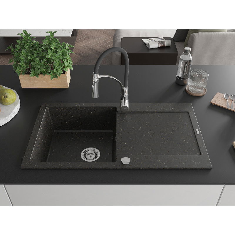 Mexen Leo fregadero de granito de 1 cubeta con escurridor y grifo de cocina Aster, negro/dorado metálico - 6501-75-73450-07