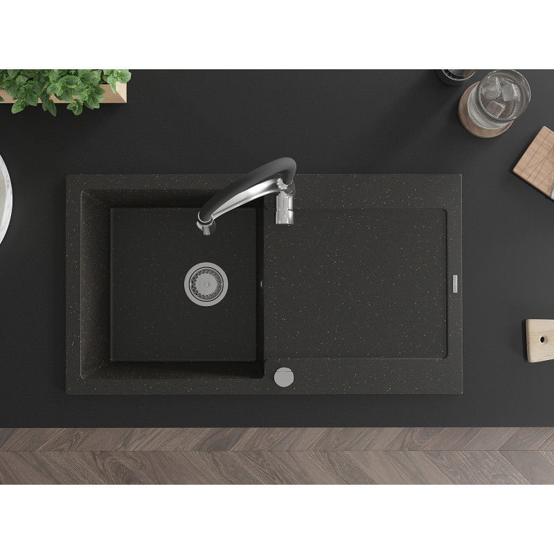 Mexen Leo évier en granit à 1 bac avec égouttoir et robinet de cuisine Aster, noir/doré métallisé - 6501-75-73450-07