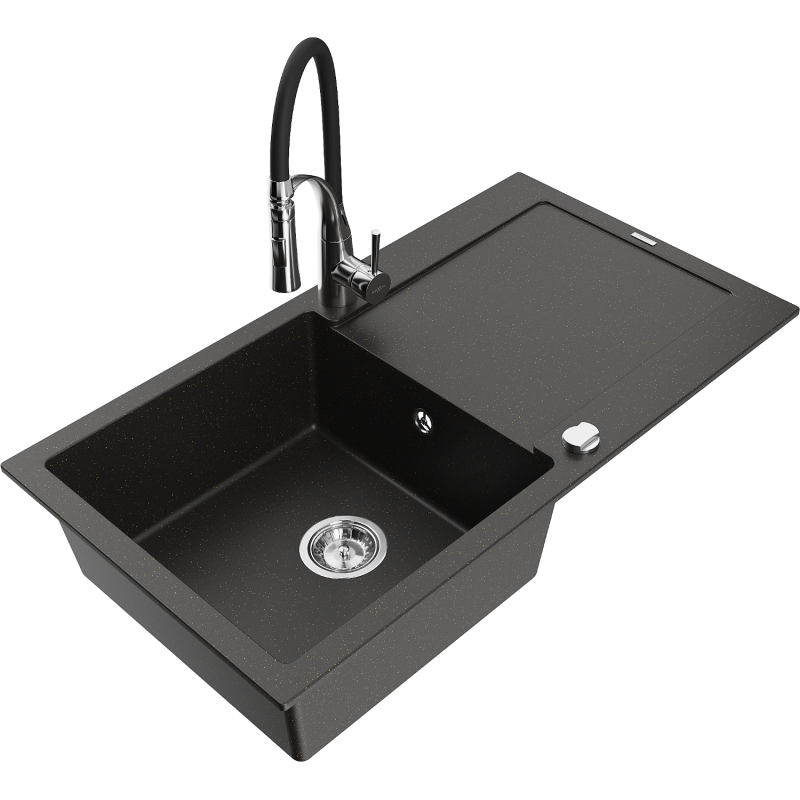 Mexen Leo granitdiskho 1-fack med avrinningsyta och köksblandare Aster, svart/guld metallic - 6501-75-73450-07