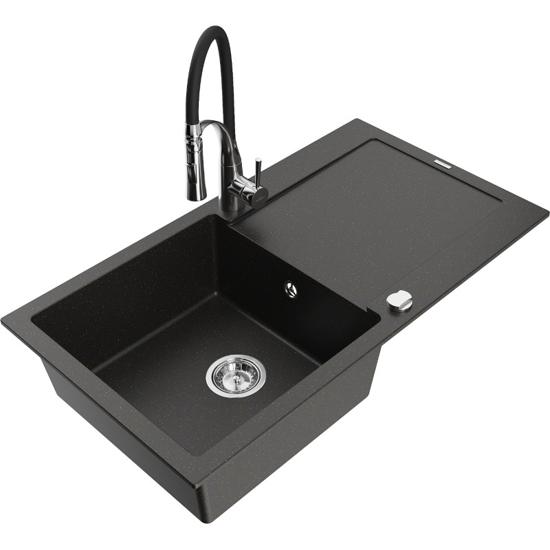 Mexen Leo granite sink 1-bowl with drainer and kitchen tap Aster, black/gold metallic - 6501-75-73450-07