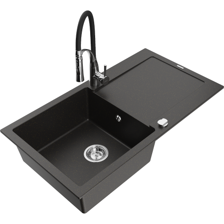 Mexen Leo fregadero de granito de 1 compartimento con escurridor y grifo de cocina Aster, negro/oro metálico - 6501-75-73450-07
