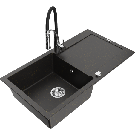Mexen Leo granite sink 1-bowl with drainer and kitchen tap Aster, black/gold metallic - 6501-75-73450-07
