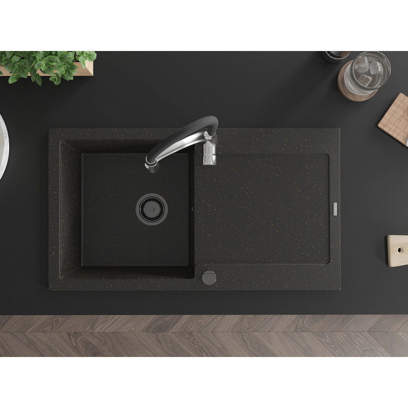 Mexen Leo granieten spoelbak met 1 bak met afdruiprek en keukenkraan Aster, zwart/gouden metallic - 6501-75-73450-07-B