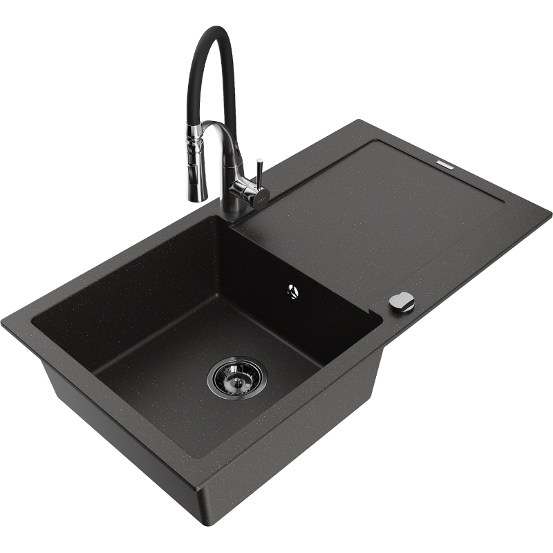 Mexen Leo 1-bowl granite sink with drainer and Aster kitchen tap, black/gold metallic - 6501-75-73450-07-B