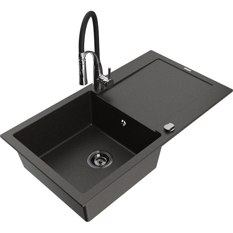 Mexen Leo granieten spoelbak met 1 bak met afdruiprek en keukenkraan Aster, zwart/gouden metallic - 6501-75-73450-07-B