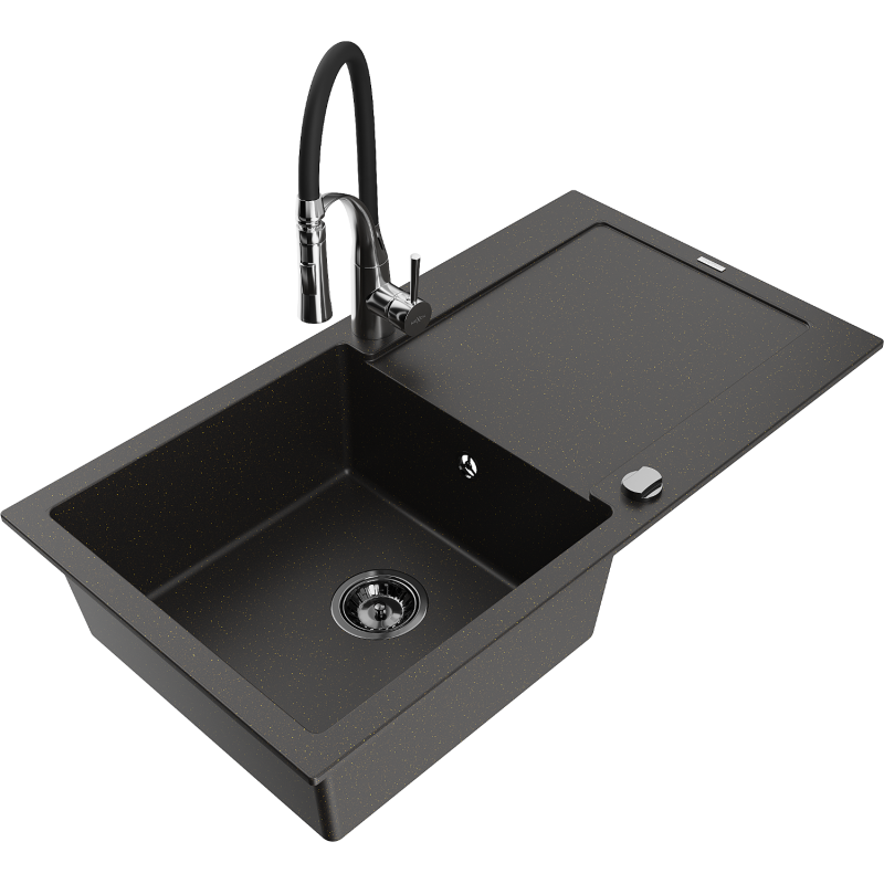 Mexen Leo lava-louça em granito de 1 cuba com escorredor e torneira de cozinha Aster, preto/metálico dourado