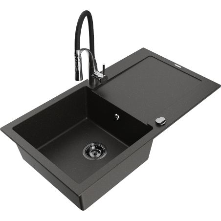 Mexen Leo granieten spoelbak met 1 bak met afdruiprek en keukenkraan Aster, zwart/gouden metallic - 6501-75-73450-07-B