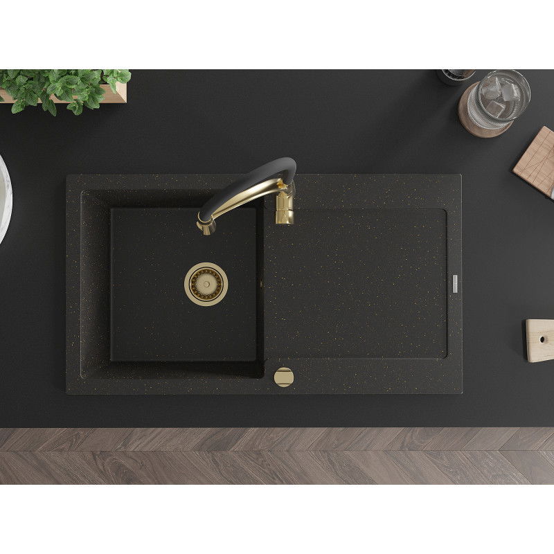 Mexen Leo Granitspüle 1-beckig mit Abtropffläche und Küchenarmatur Aster, schwarz/gold metallic - 6501-75-73450-57-G