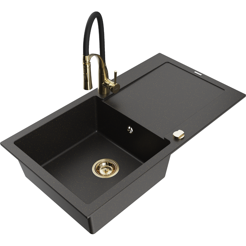 Mexen Leo granitdiskho med en enkel låda, avrinning och kökskran Aster, svart/guld metallisk - 6501-75-73450-57-G