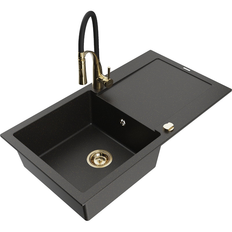 Mexen Leo Granitspüle 1-Becken mit Abtropffläche und Küchenarmatur Aster, Schwarz/Gold-Metallic - 6501-75-73450-57-G