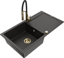 Mexen Leo 1-bowl granite kitchen sink with drainer and Aster kitchen tap, black/golden metallic - 6501-75-73450-57-G