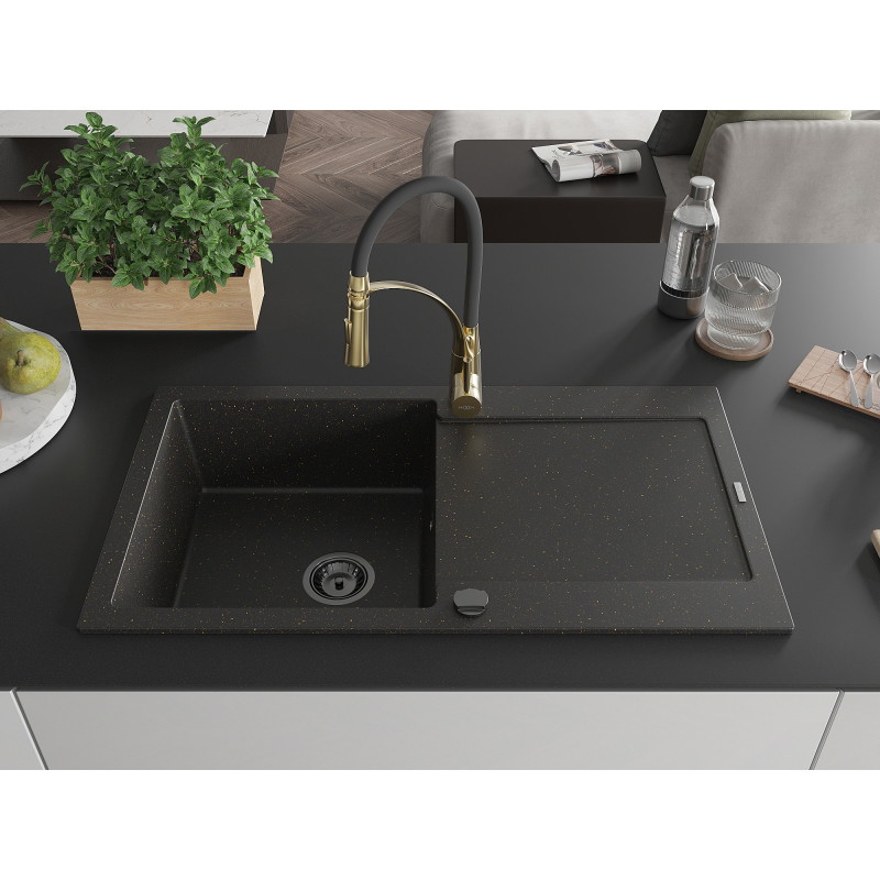 Mexen Leo lavello in granito a 1 vasca con sgocciolatoio e rubinetto da cucina Aster, nero/oro metallizzato - 6501-75-73450-57-B