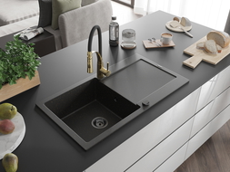 Mexen Leo granite sink 1-bowl with drainer and Aster kitchen tap, black/gold metallic - 6501-75-73450-57-B