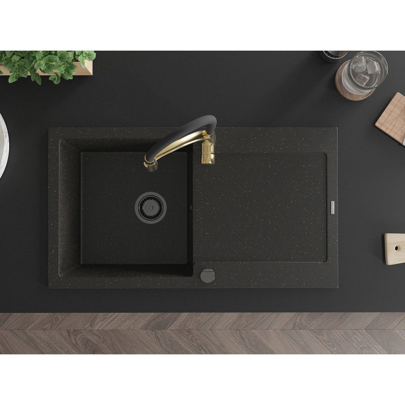 Mexen Leo Granit Kichezink mat enger Schuel mat Oflafläch a Kichkrun Aster, schwaarz/gëllene Metallic - 6501-75-73450-57-B