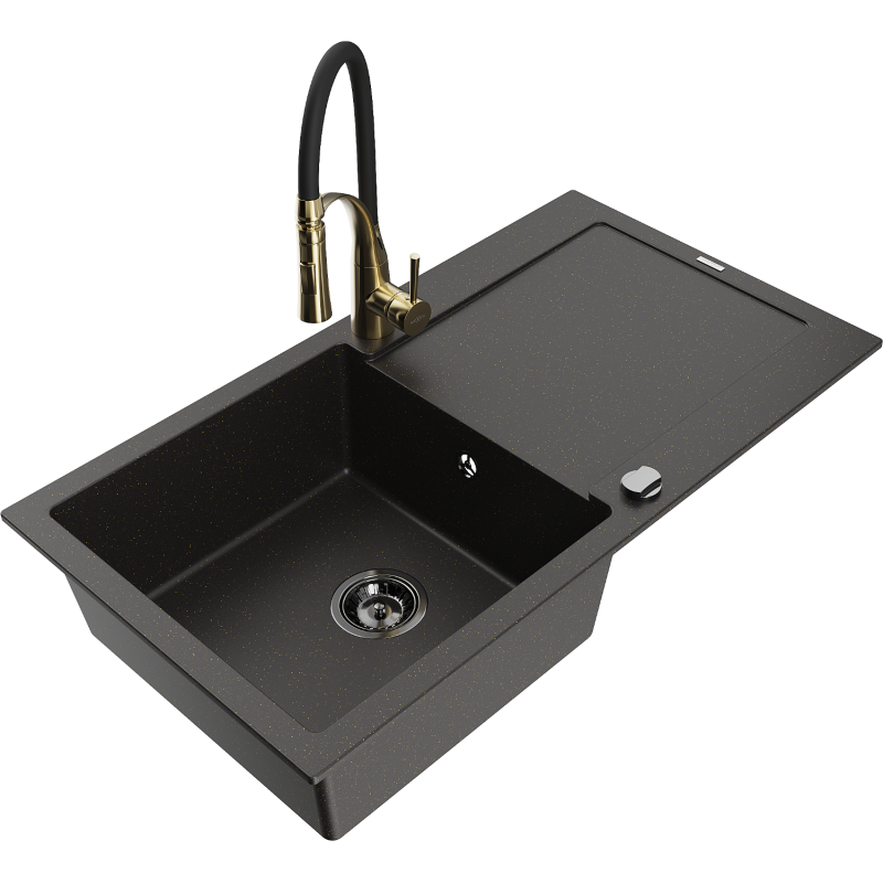 Mexen Leo granite sink 1-bowl with drainer and Aster kitchen tap, black/gold metallic - 6501-75-73450-57-B