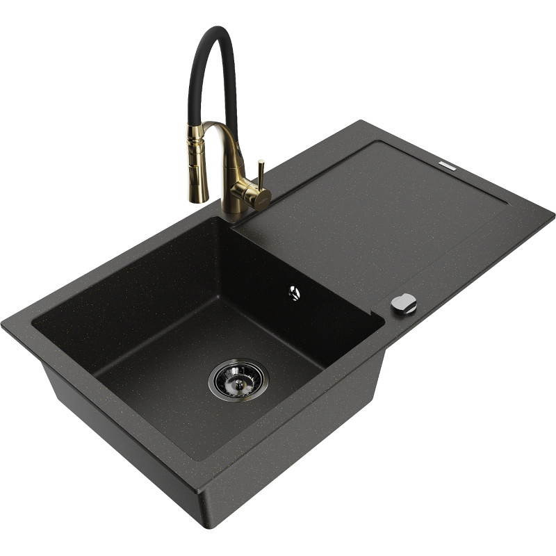 Mexen Leo granitische gootsteen 1-baks met afdruiprek en keukenmengkraan Aster, zwart/goud metallic - 6501-75-73450-57-B