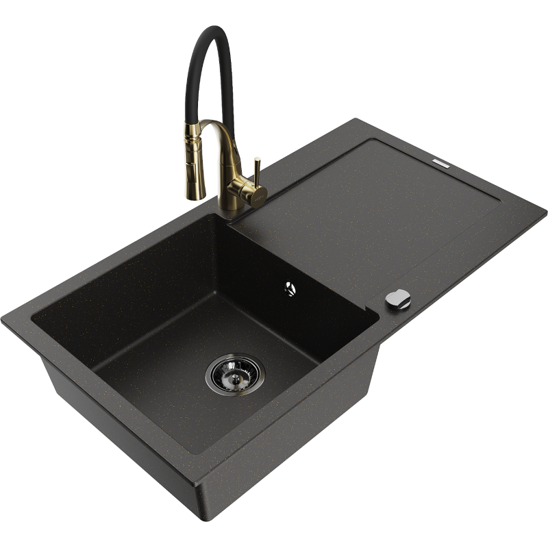Mexen Leo lavello in granito 1-vasca con sgocciolatoio e rubinetto da cucina Aster, nero/oro metallizzato - 6501-75-73450-57-B