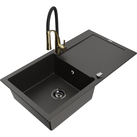 Mexen Leo lavello in granito 1-vasca con sgocciolatoio e rubinetto da cucina Aster, nero/oro metallizzato - 6501-75-73450-57-B