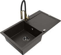 Mexen Leo granite sink 1-bowl with drainer and Aster kitchen tap, black/gold metallic - 6501-75-73450-57-B
