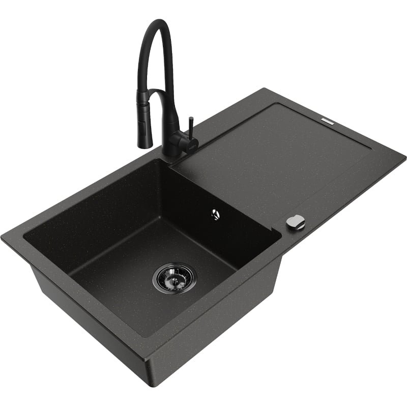 Mexen Leo 1-bowl granite sink with drainer and kitchen faucet Aster, black/gold metallic - 6501-75-73450-70-B