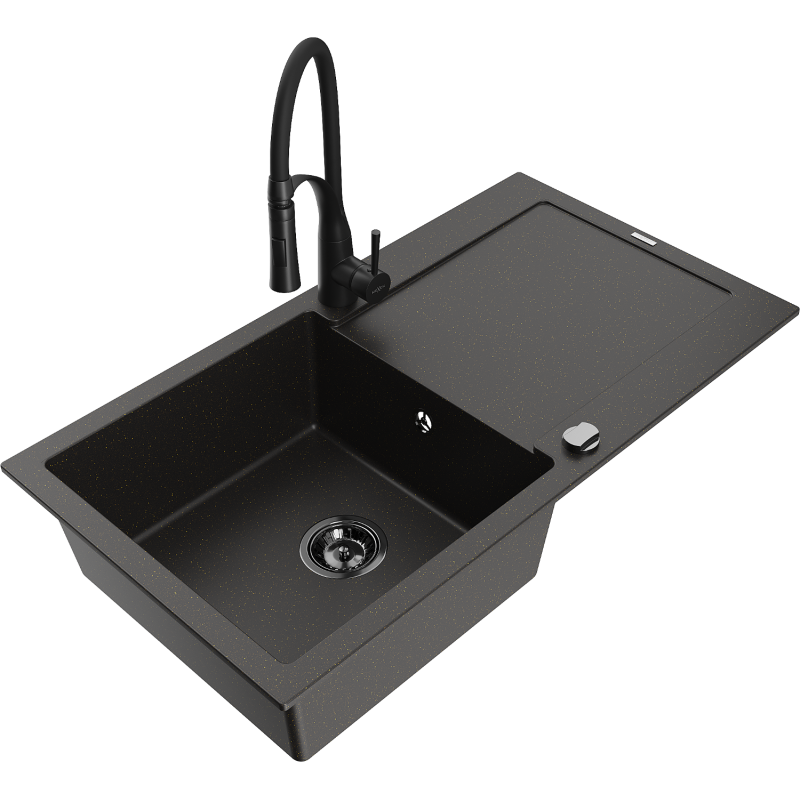Mexen Leo granieten gootsteen 1-komorige met afdruiprek en keukenmengkraan Aster, zwart/goud metallic - 6501-75-73450-70-B