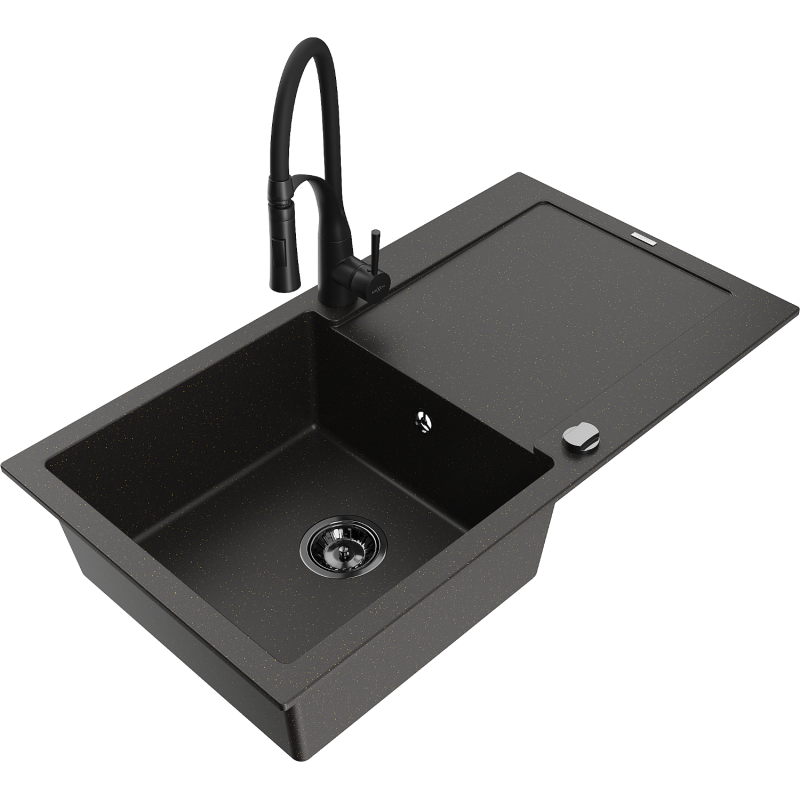 Mexen Leo granīta izlietne ar 1 nodalījumu un noteci un virtuves jaucējkrānu Aster, melns/zelta metāliks - 6501-75-73450-70-B