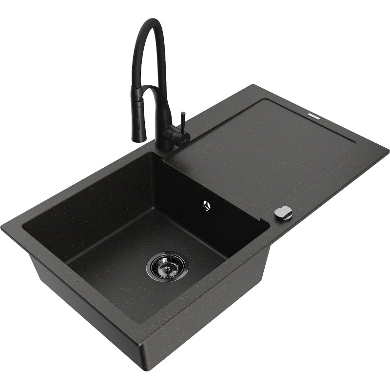 Mexen Leo Granitspüle 1-Becken mit Abtropffläche und Küchenarmatur Aster, schwarz/gold metallic - 6501-75-73450-70-B