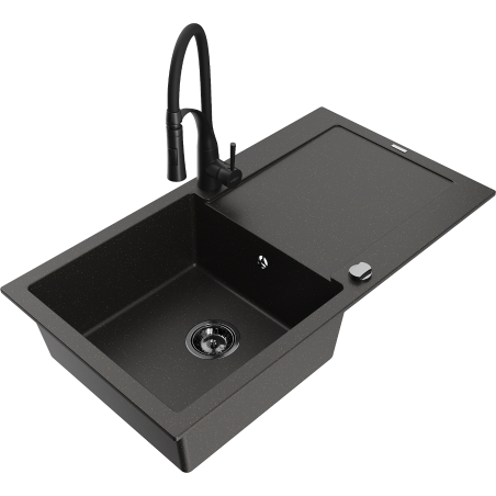 Mexen Leo 1-bowl granite sink with drainer and Aster kitchen tap, black/gold metallic - 6501-75-73450-70-B
