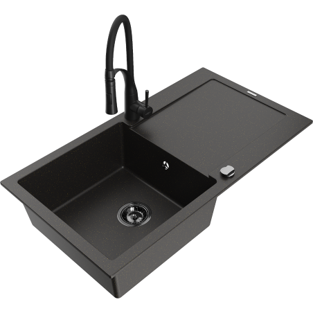 Mexen Leo 1-bowl granite sink with drainer and kitchen faucet Aster, black/gold metallic - 6501-75-73450-70-B