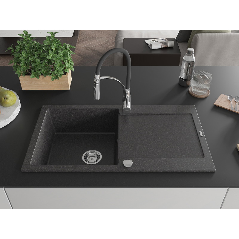 Mexen Leo Einbauspüle aus Granit, 1 Becken, mit Abtropffläche und Küchenarmatur Aster, schwarz gesprenkelt - 6501-76-73450-07