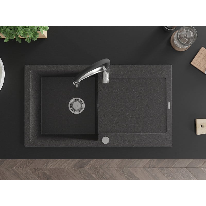 Mexen Leo fregadero de granito de 1 seno con escurridor y grifo de cocina Aster, negro moteado - 6501-76-73450-07