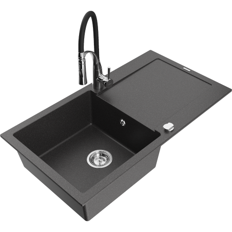 Mexen Leo fregadero de granito de 1 seno con escurridor y grifo de cocina Aster, negro moteado - 6501-76-73450-07